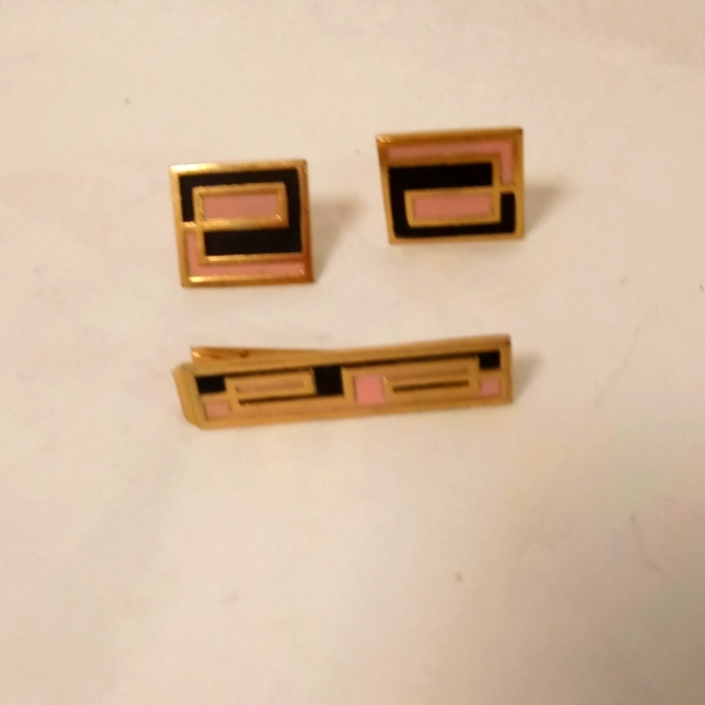 Anson Tie Clip & Cufflinks ,Pink and Black
